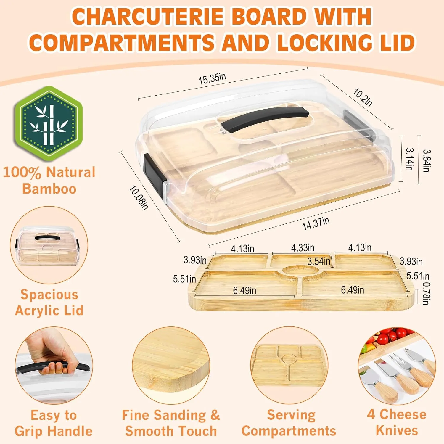 Travel Charcuterie Board with Lid, Portable Cheese Charcuterie Board with Cover Accessories Gift Set, Covered Bamboo Traveling Charcuterie Board Box Serving Tray to Go 6 Compartments for Party Beach