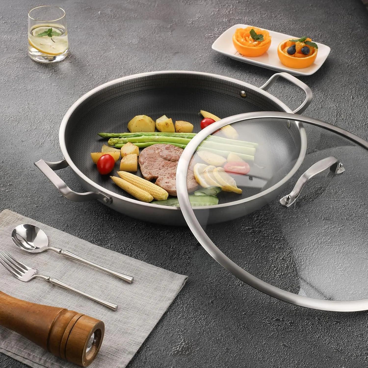 Tri-Ply Stainless Steel Paella Pan,12 Inch Nonstick Large Skillet, 8 Servings 18/10 Paella Pan with Lid,Jumbo Cooker,Induction Pan,Large Skillet for Outdoors, Camping, Parties