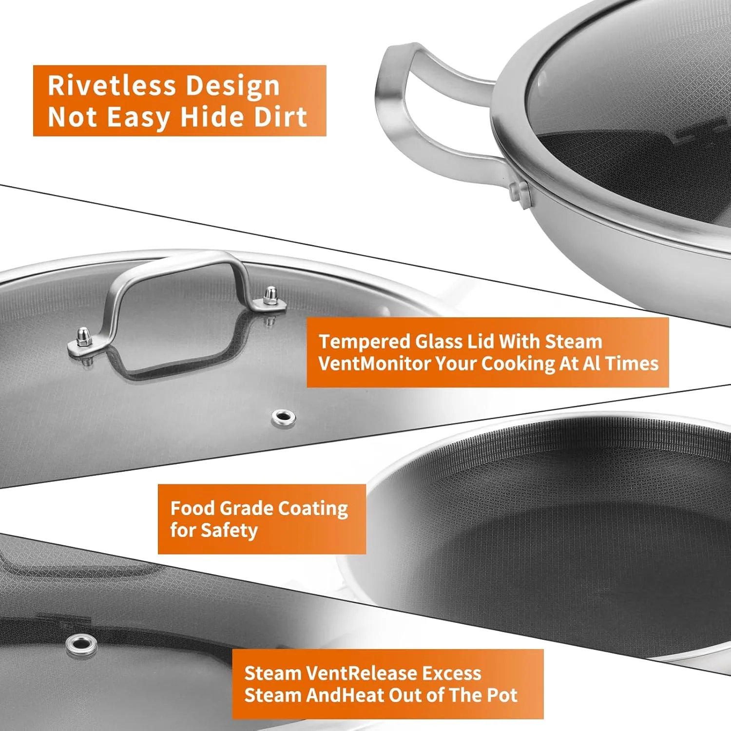 Tri-Ply Stainless Steel Paella Pan,12 Inch Nonstick Large Skillet, 8 Servings 18/10 Paella Pan with Lid,Jumbo Cooker,Induction Pan,Large Skillet for Outdoors, Camping, Parties