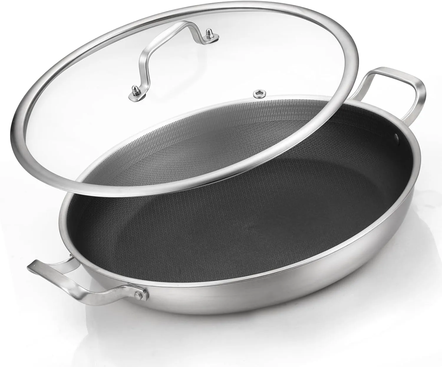 Tri-Ply Stainless Steel Paella Pan,12 Inch Nonstick Large Skillet, 8 Servings 18/10 Paella Pan with Lid,Jumbo Cooker,Induction Pan,Large Skillet for Outdoors, Camping, Parties