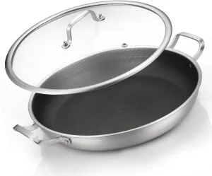 Tri-Ply Stainless Steel Paella Pan,12 Inch Nonstick Large Skillet, 8 Servings 18/10 Paella Pan with Lid,Jumbo Cooker,Induction Pan,Large Skillet for Outdoors, Camping, Parties