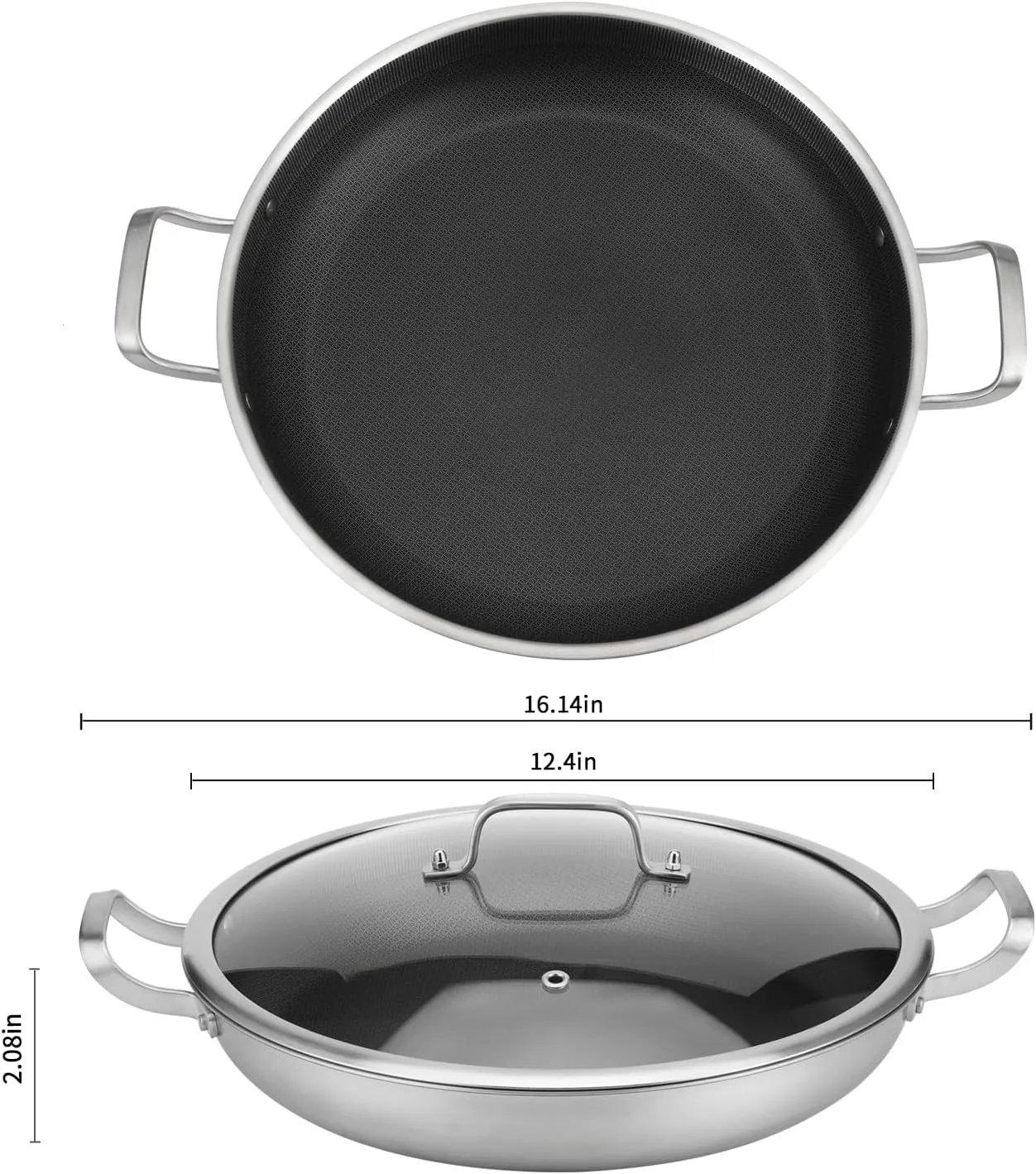 Tri-Ply Stainless Steel Paella Pan,12 Inch Nonstick Large Skillet, 8 Servings 18/10 Paella Pan with Lid,Jumbo Cooker,Induction Pan,Large Skillet for Outdoors, Camping, Parties