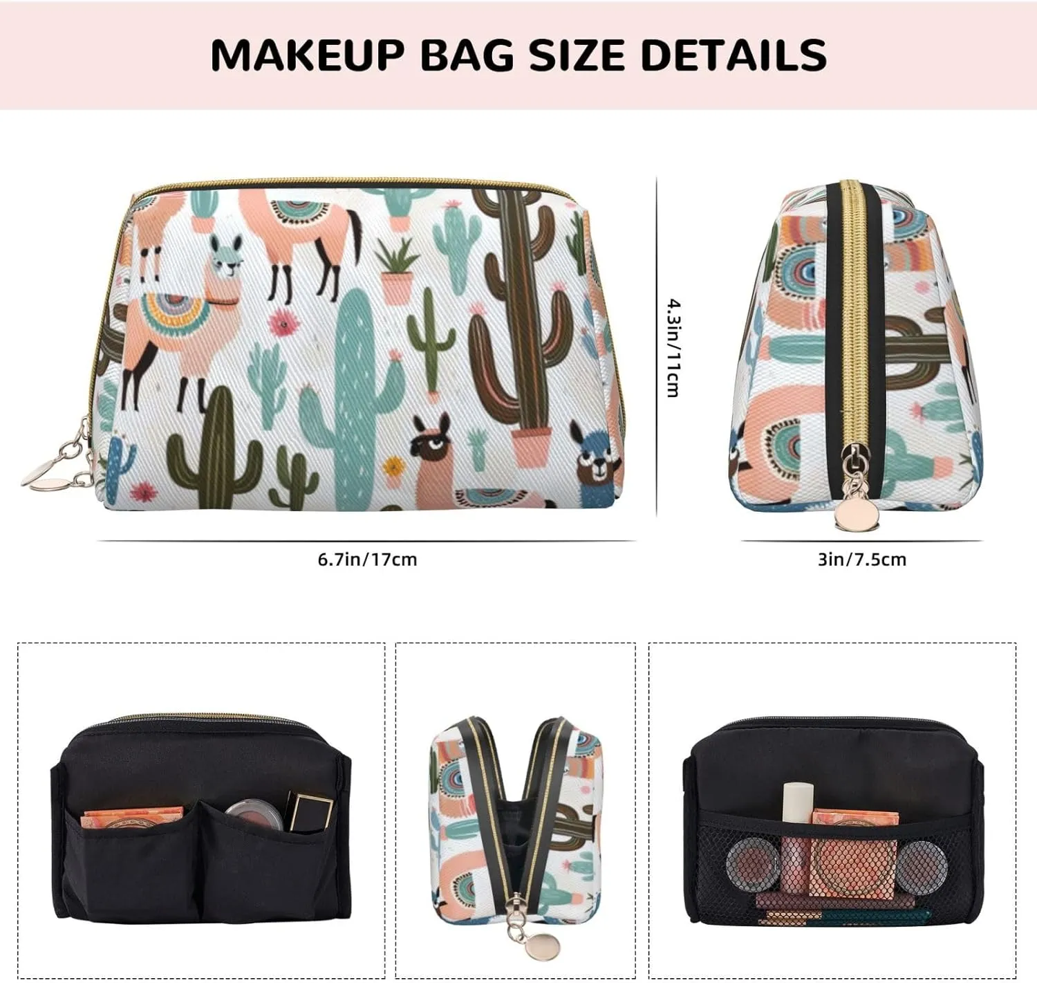 Tropical Cactus Animal Lama Toiletry Pouch, Travel-Friendly Makeup Organizer For Makeup Brushes, Lipsticks