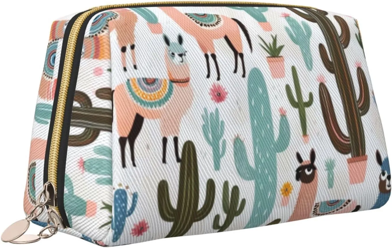 Tropical Cactus Animal Lama Toiletry Pouch, Travel-Friendly Makeup Organizer For Makeup Brushes, Lipsticks