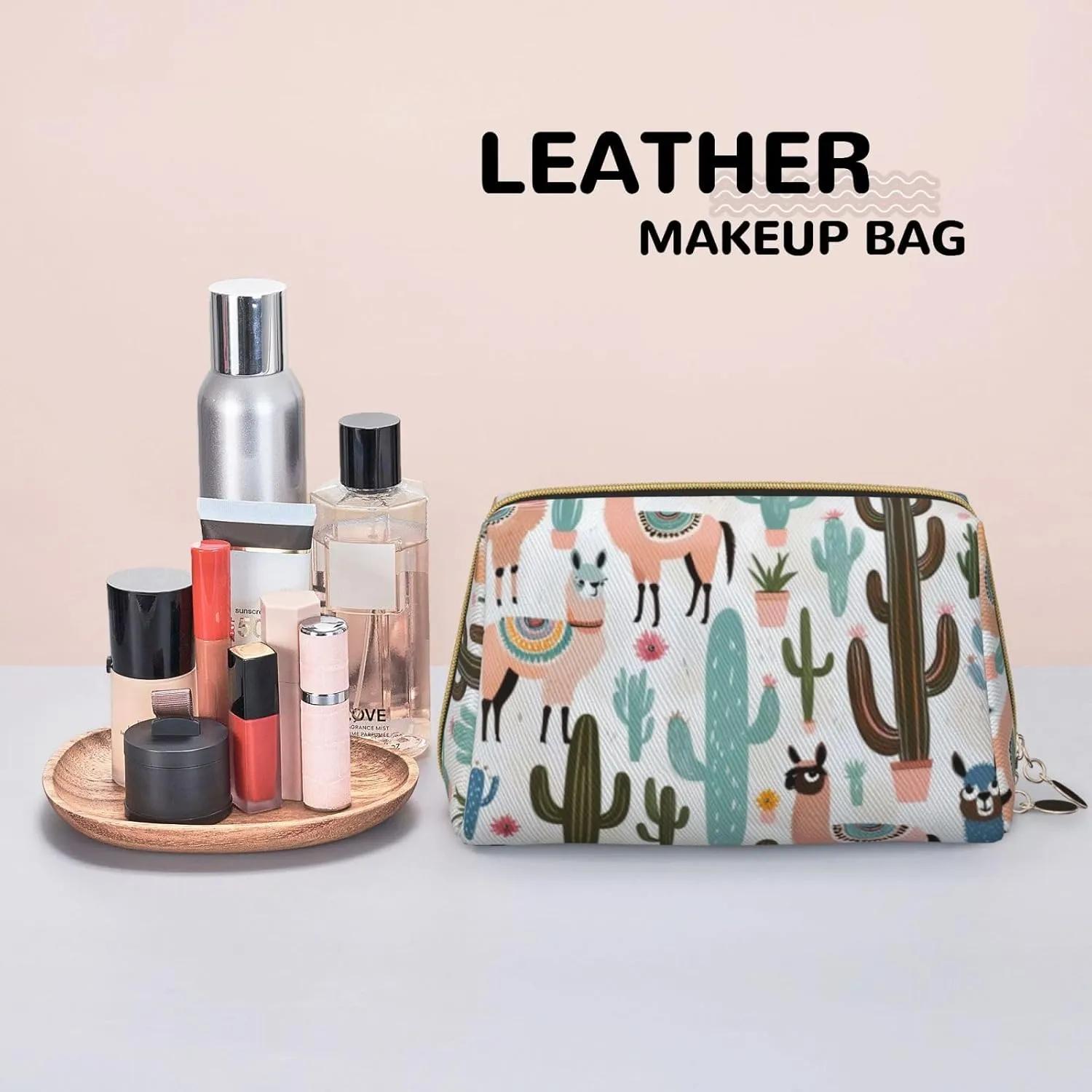 Tropical Cactus Animal Lama Toiletry Pouch, Travel-Friendly Makeup Organizer For Makeup Brushes, Lipsticks