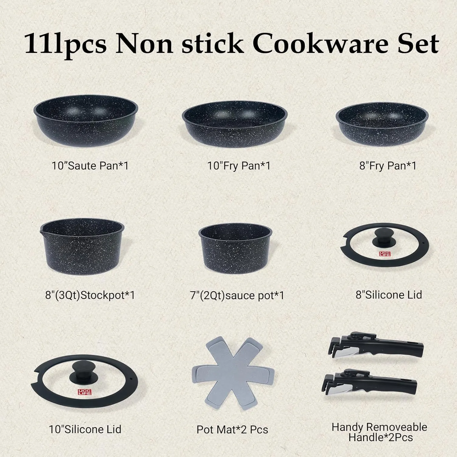 UCC LIFE Pots and Pans Set Non Stick, 11Pcs Detachable Handle Pots and Pans, Black Granite Induction Kitchen Cookware Set, Stackable Removable （PFOA PFAS PTFE Free ）