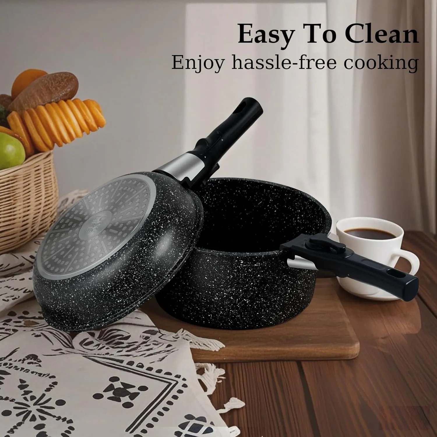 UCC LIFE Pots and Pans Set Non Stick, 11Pcs Detachable Handle Pots and Pans, Black Granite Induction Kitchen Cookware Set, Stackable Removable （PFOA PFAS PTFE Free ）