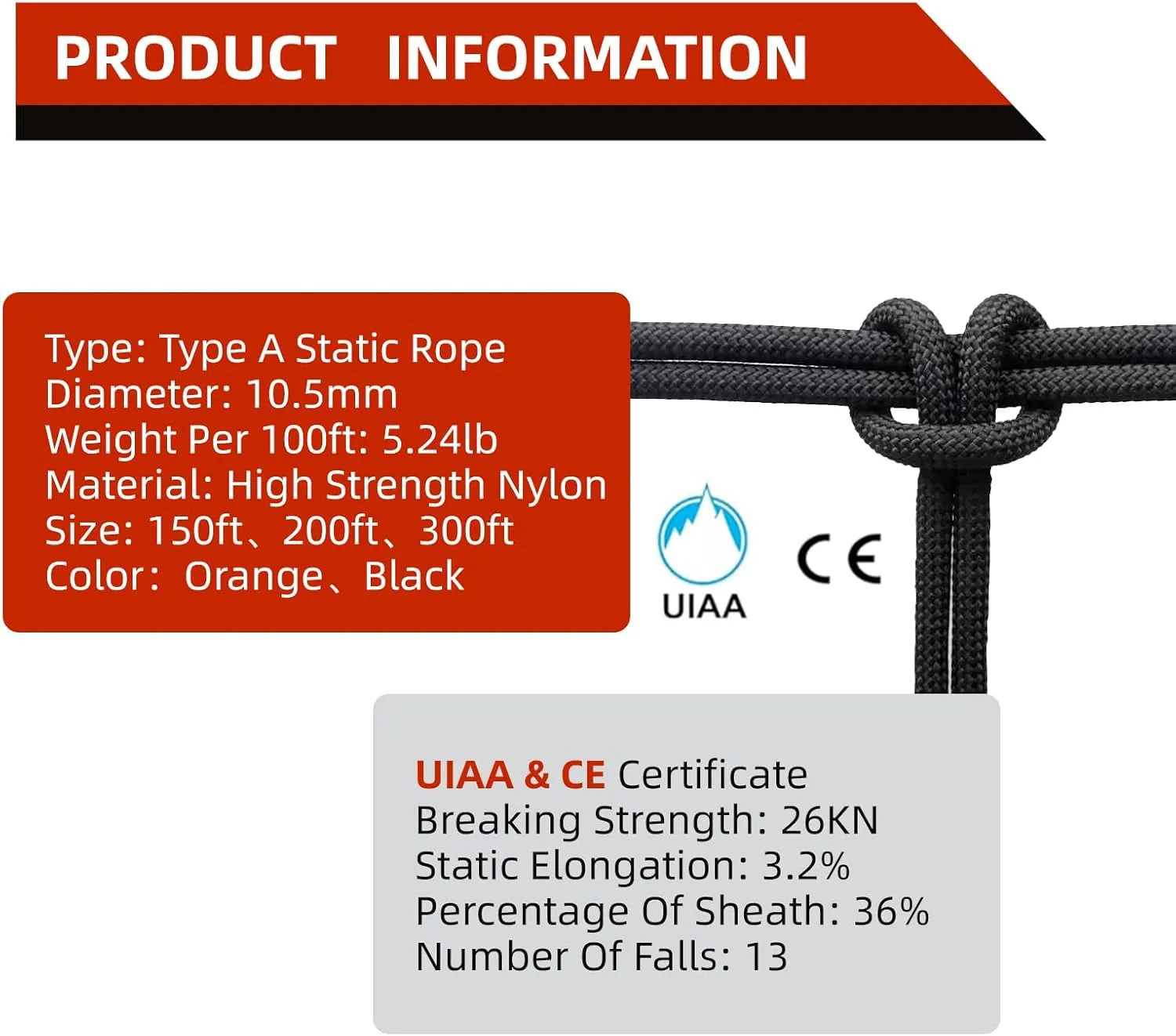 UIAA Static Climbing Rope 10.5mm, 45M(150FT) Nylon Kernmantle Rappelling Rope for Survival Rescue Cord Rock Mountaineering Climbing Hauling