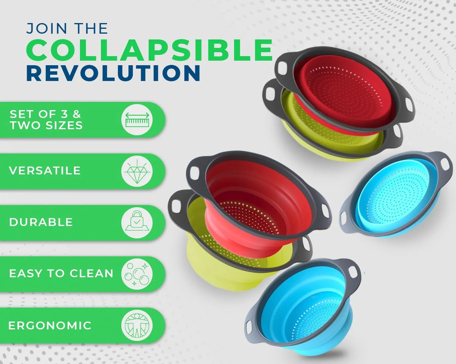 Ultimate Kitchen Strainers Set of 3 - Collapsible Silicone Colanders For Easy Storage by Comfify - Use with Pasta & Veggies or as a Fruit or Berry Bowl with Strainer - Irreplaceable for Campers & RVs