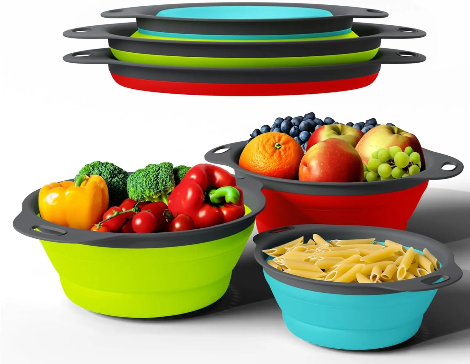 Ultimate Kitchen Strainers Set of 3 - Collapsible Silicone Colanders For Easy Storage by Comfify - Use with Pasta & Veggies or as a Fruit or Berry Bowl with Strainer - Irreplaceable for Campers & RVs