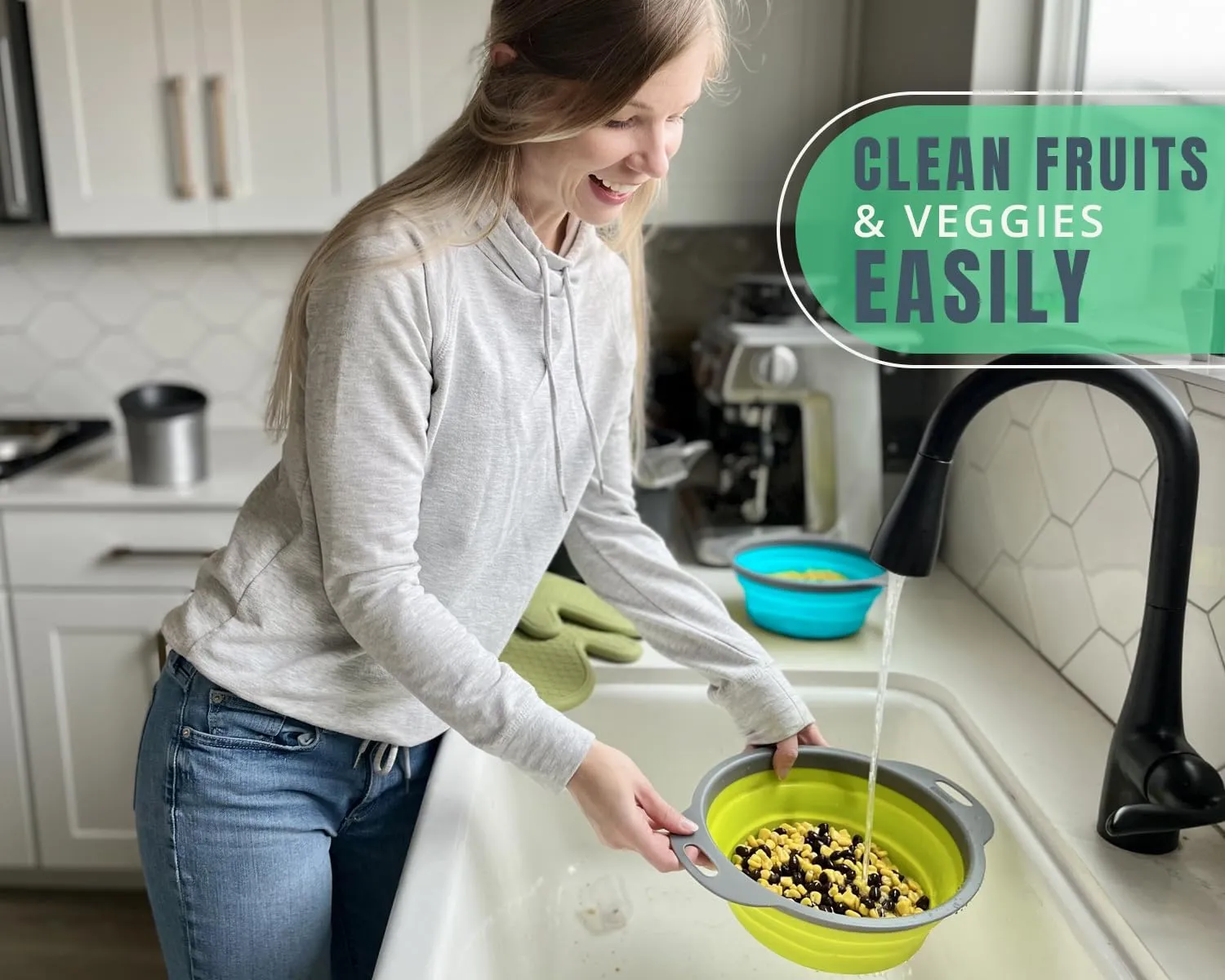 Ultimate Kitchen Strainers Set of 3 - Collapsible Silicone Colanders For Easy Storage by Comfify - Use with Pasta & Veggies or as a Fruit or Berry Bowl with Strainer - Irreplaceable for Campers & RVs