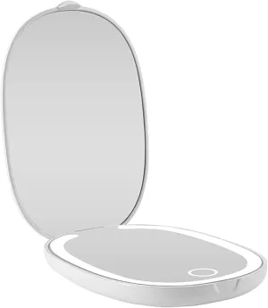 Ultra-Slim Double-Fold LED Makeup Mirror – Rechargeable, Touch Control, 3-Color Dimmable Light, Travel-Friendly Design (White)