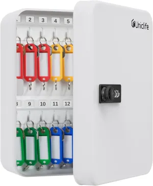 Uniclife 28-Key Steel Key Cabinet with Combination Lock Wall Mounted Key Organizer with Resettable Code White Digital Security Box with Hooks and Large Key Tag Labels Identifiers in 5 Assorted Colors