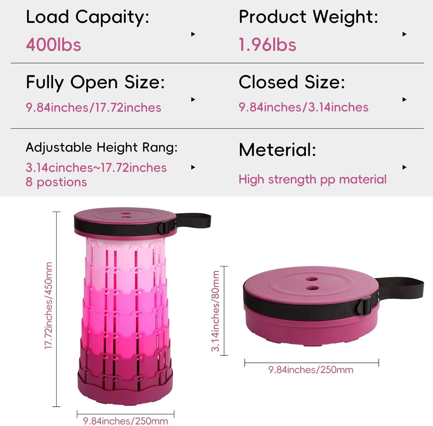 Upgraded Collapsible Stool with Load Capacity 400lbs and Folding Portable Retractable Telescoping Foldable Camping Stool for Adults Outdoor Camping Fishing Hiking Carrying Straps(Blue).