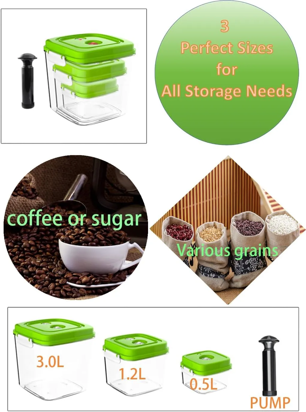 Vacuum Canister Set for Coffee, Tea, Dry Goods – 500ml 1200ml 3000ml Containers with Manual Pump&Time Chart – Food Storage,Bar Essentials, Espresso, Bulk Ground (0.5L 1.2L 3.0L Pump-Transparent-2pack)