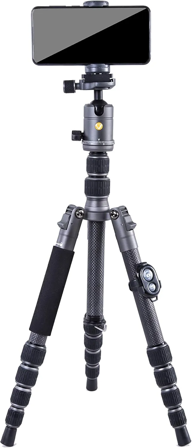 Vanguard VEO3GO235CB Compact Carbon Fiber Travel Tripod with Ball Head, Monopod Option, Smart Phone Holder and Bluetooth Remote