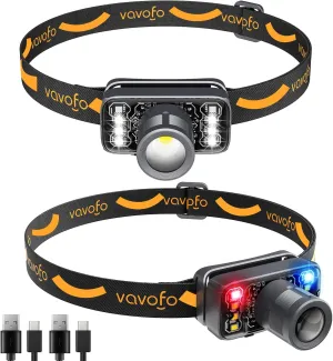 VAVOFO 2-Pack LED Headlamp Flashlight, 500 Lumen Rechargeable Waterproof Outdoor Headlight with Bright White  Red Light, Stepless Dimming, Lightweight, Adjustable Headband, 5 Modes for Camping