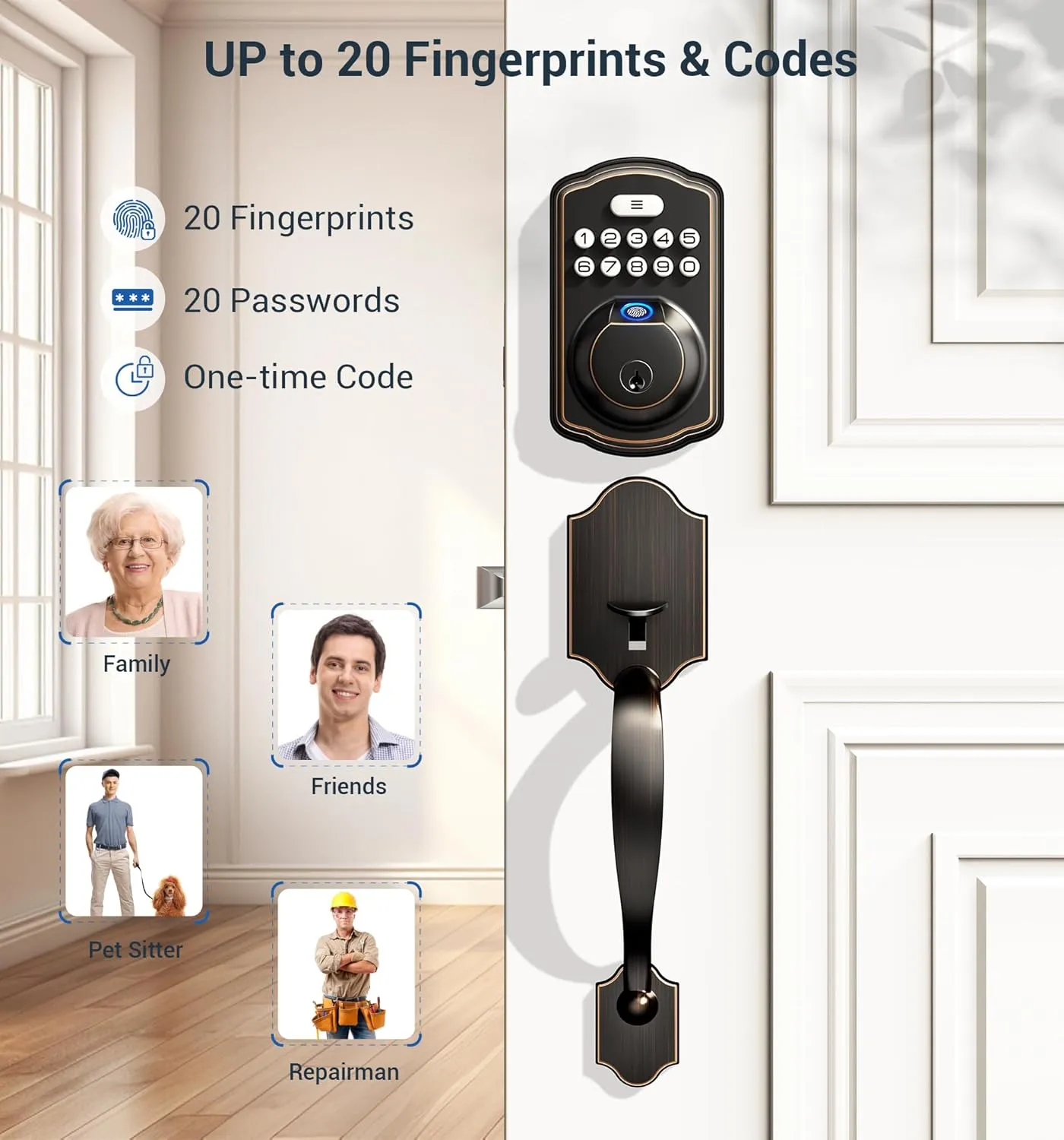Veise Fingerprint Door Lock Set, Keyless Entry Door Lock, Front Handle Set, Electronic Keypad Deadbolt with Lever Handle, 2 Keys, Auto-Locking, One-time Codes, Easy to Install, Oil Rubbed Bronze