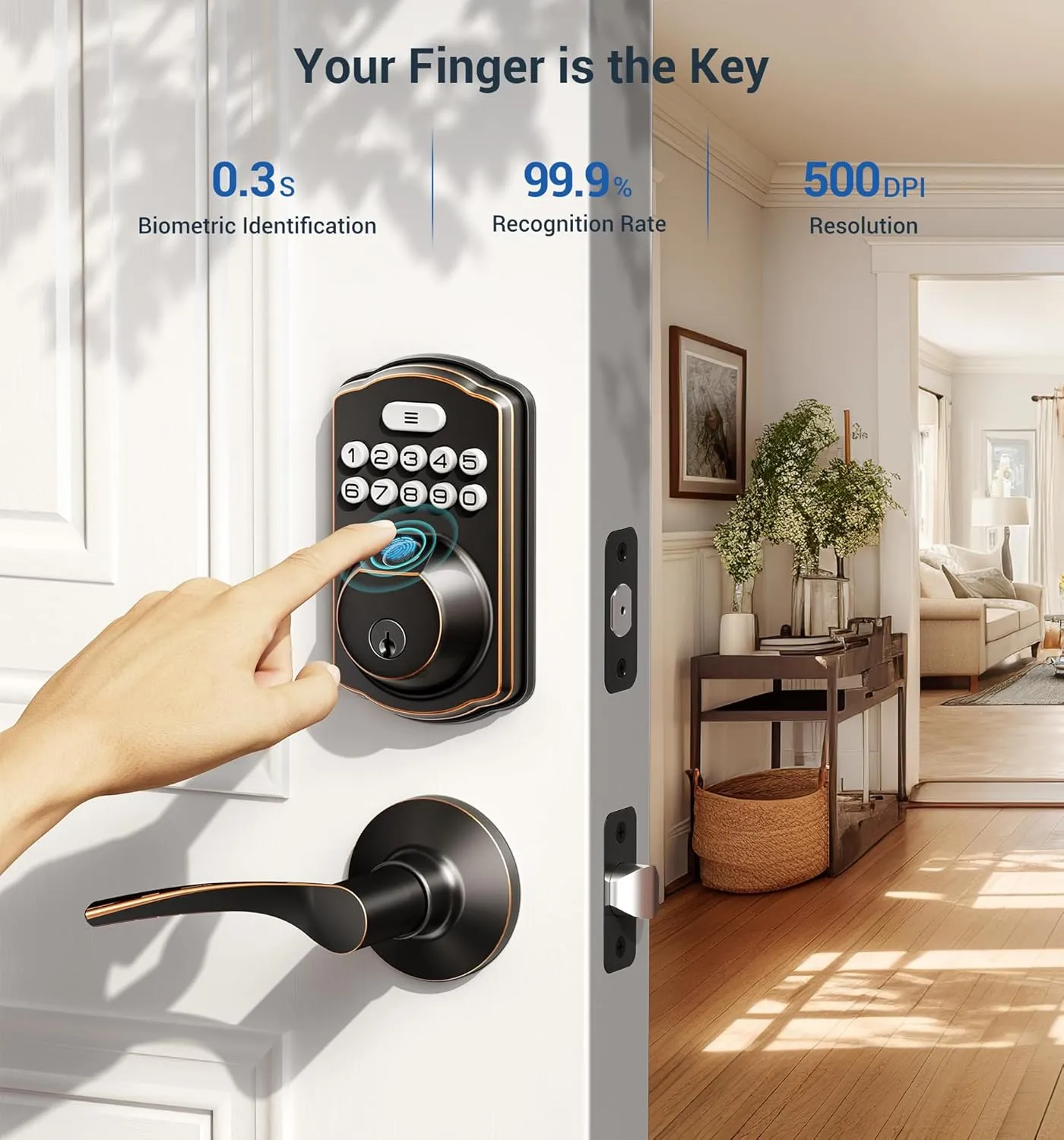 Veise Fingerprint Door Lock with 2 Lever Handles - Keyless Entry Door Lock, Electronic Keypad Deadbolt, Digital Smart Code & Front Handle Sets, Auto-Locking, Easy Installation, Oil Rubbed Bronze