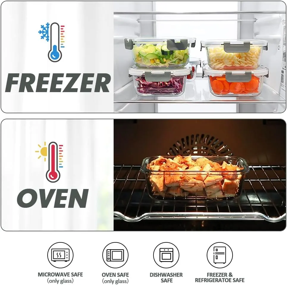 VERONES 24 Pieces Glass Food Storage Containers Set, Airtight Glass Lunch Containers, Glass Meal Prep Containers with Lids,Exclusive of BPA, for Microwave, Oven, Freezer & Dishwasher Friendly,Grey