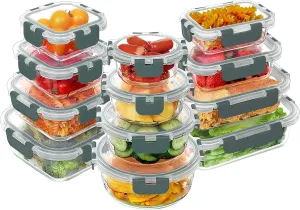 VERONES 24 Pieces Glass Food Storage Containers Set, Airtight Glass Lunch Containers, Glass Meal Prep Containers with Lids,Exclusive of BPA, for Microwave, Oven, Freezer & Dishwasher Friendly,Grey