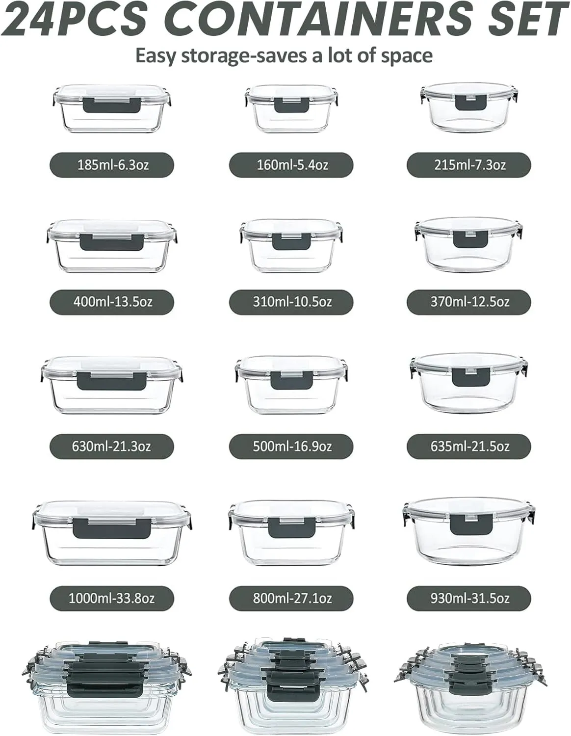 VERONES 24 Pieces Glass Food Storage Containers Set, Airtight Glass Lunch Containers, Glass Meal Prep Containers with Lids,Exclusive of BPA, for Microwave, Oven, Freezer & Dishwasher Friendly,Grey