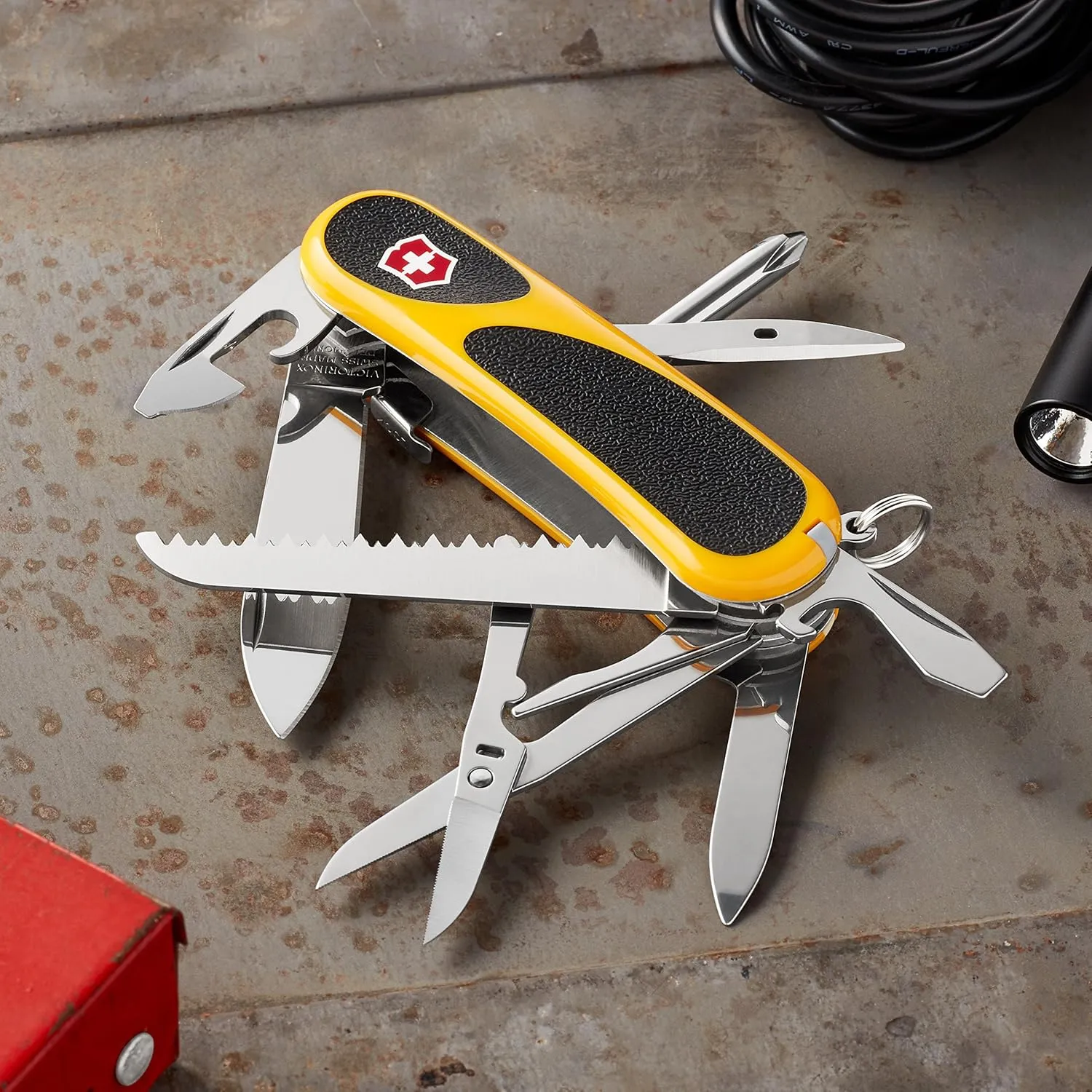 Victorinox Evolution S18 Grip Swiss Army Knife, 15 Functions, Swiss Made Pocket Knife with Large Blade, Screwdriver and Wood Saw - Yellow/Black
