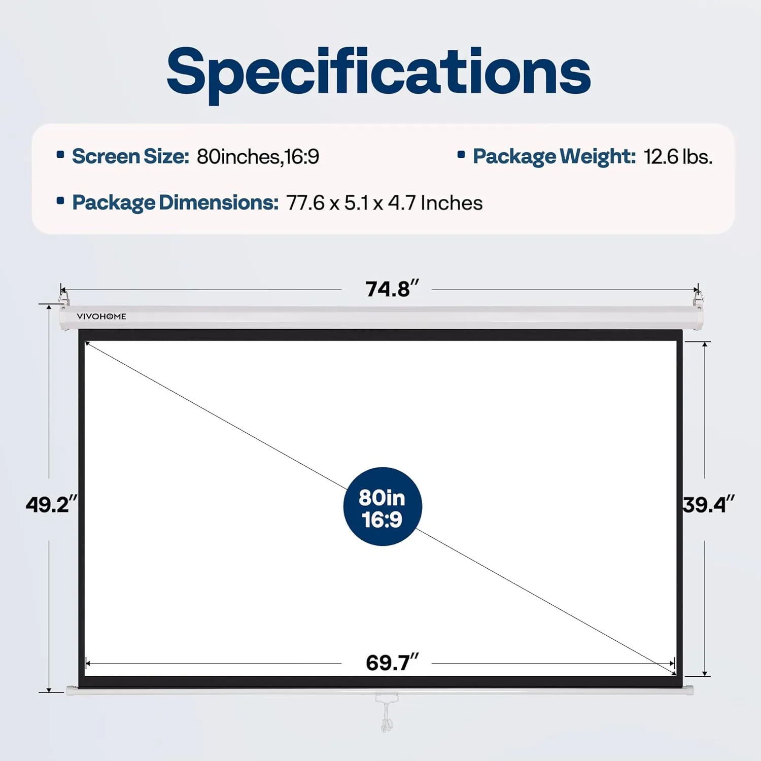 VIVOHOME Projector Screen Pull Down, 16:9 80 Inch Retractable Projection Screen, HD 4K Manual Pull Movie Screen for Home Theater, Cinema, Office (70x40 Inch White)