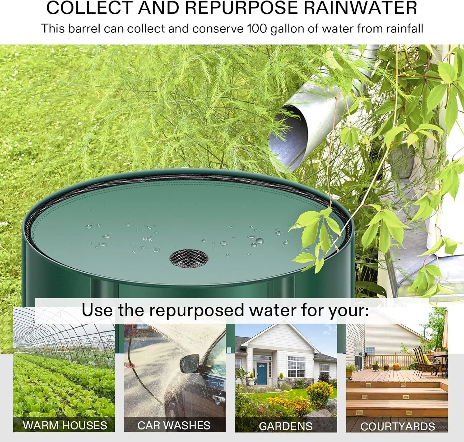 VIVOSUN Collapsible Rain Barrel, 100 Gallon Water Storage Tank with 1000D Oxford Cloth, Portable Rain Collection System Includes Two Spigots and Overflow Kit, Green