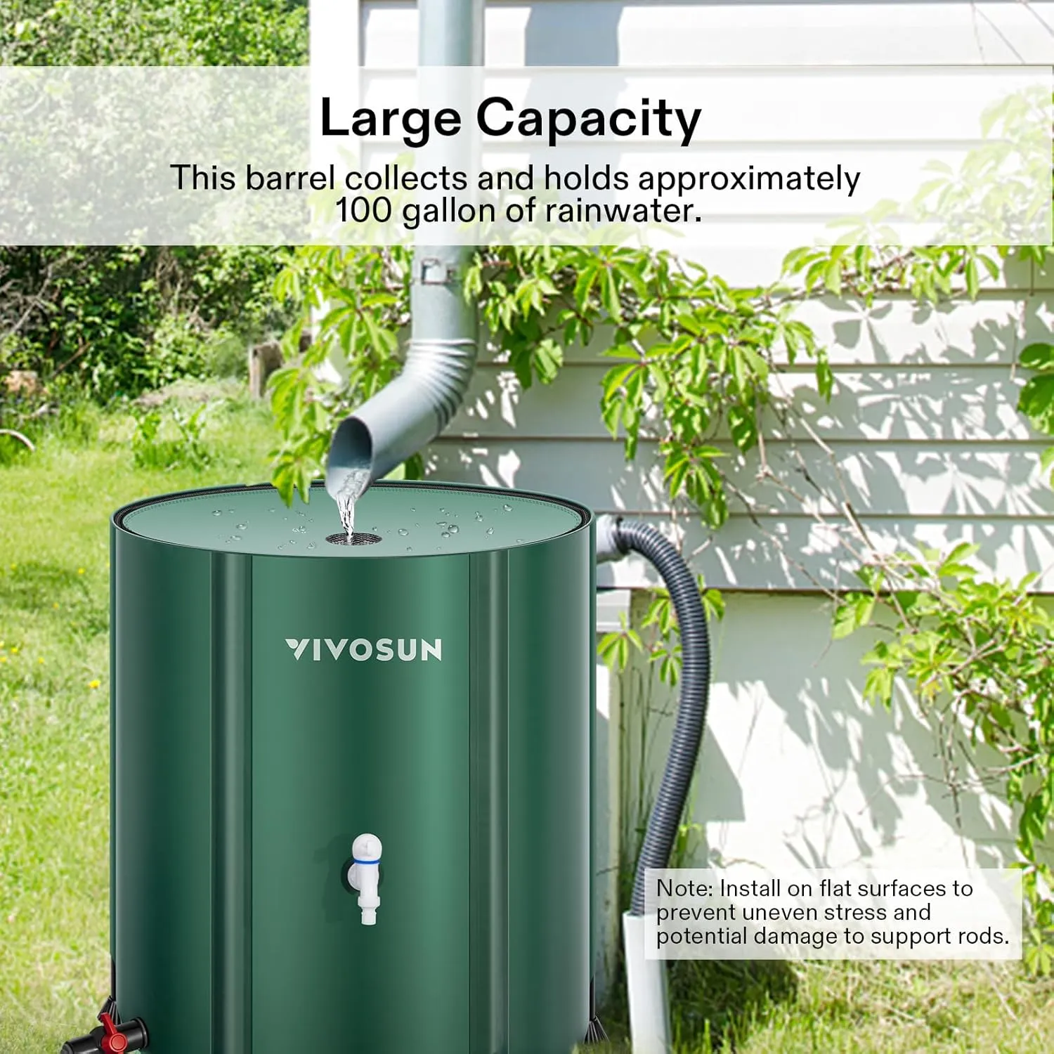 VIVOSUN Collapsible Rain Barrel, 100 Gallon Water Storage Tank with 1000D Oxford Cloth, Portable Rain Collection System Includes Two Spigots and Overflow Kit, Green