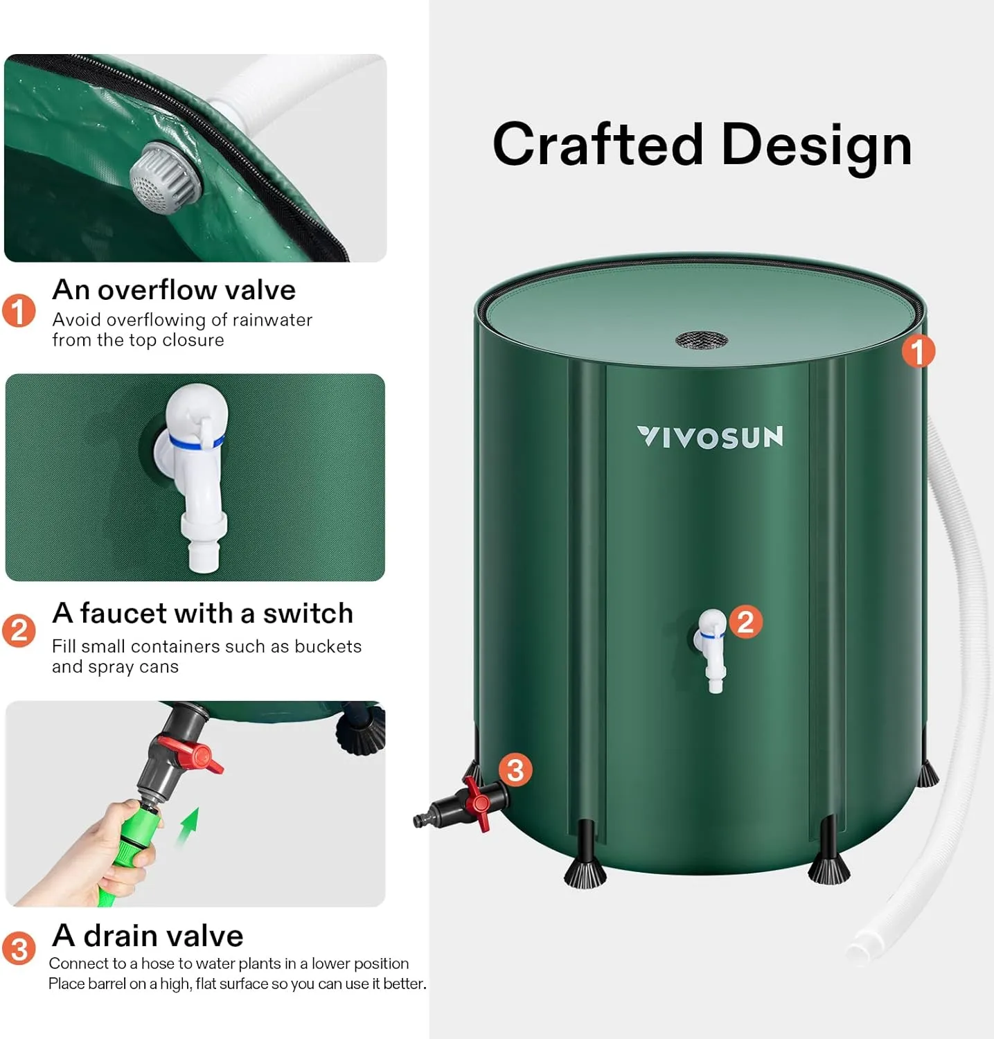 VIVOSUN Collapsible Rain Barrel, 100 Gallon Water Storage Tank with 1000D Oxford Cloth, Portable Rain Collection System Includes Two Spigots and Overflow Kit, Green