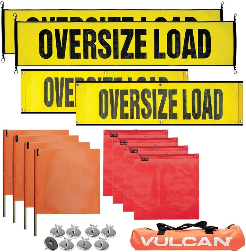 VULCAN Flags, Banners, and Magnets Kit - Includes 2 Stretch Cord Oversize Load Signs, 2 Grommet Oversize Load Signs, 8 Magnets, 4 Red Flags, and 4 Orange Flags