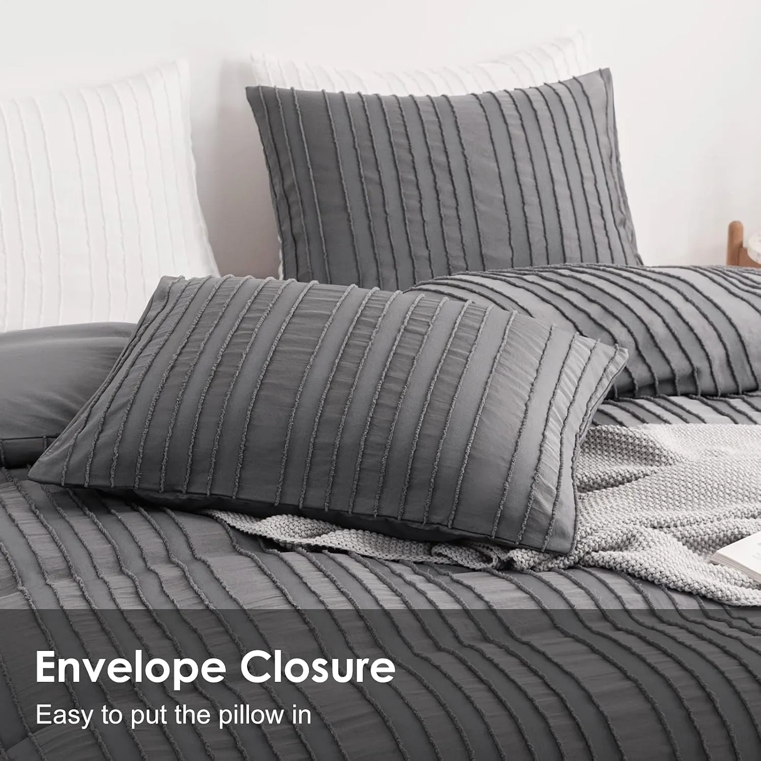 WARMDERN Gray Boho Duvet Cover Set Queen Size, Striped Textured Duvet Cover Tufted Bedding Set, 3 Pcs Ultra Soft Washed Microfiber Duvet Cover with Zipper Closure (Queen, Gray)