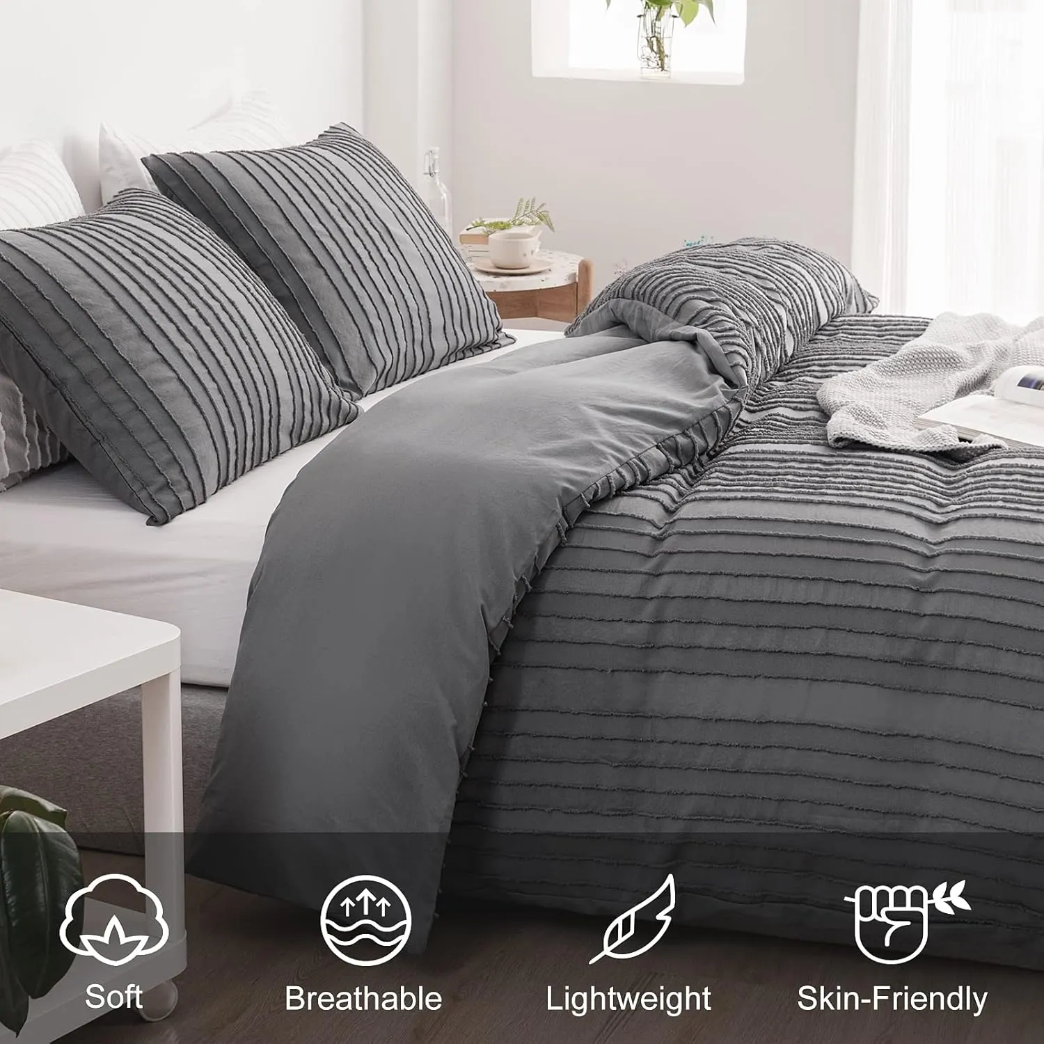 WARMDERN Gray Boho Duvet Cover Set Queen Size, Striped Textured Duvet Cover Tufted Bedding Set, 3 Pcs Ultra Soft Washed Microfiber Duvet Cover with Zipper Closure (Queen, Gray)