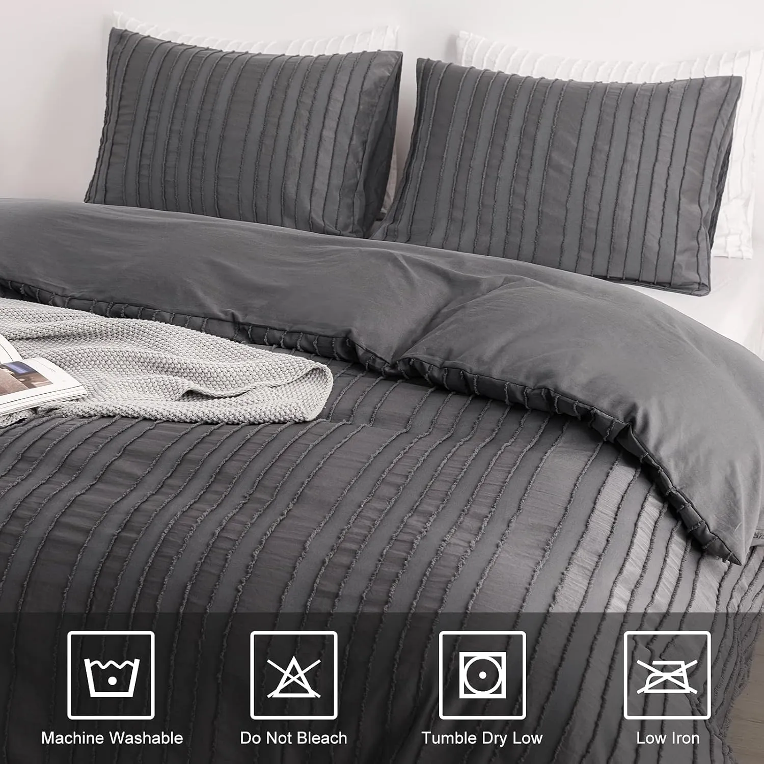 WARMDERN Gray Boho Duvet Cover Set Queen Size, Striped Textured Duvet Cover Tufted Bedding Set, 3 Pcs Ultra Soft Washed Microfiber Duvet Cover with Zipper Closure (Queen, Gray)