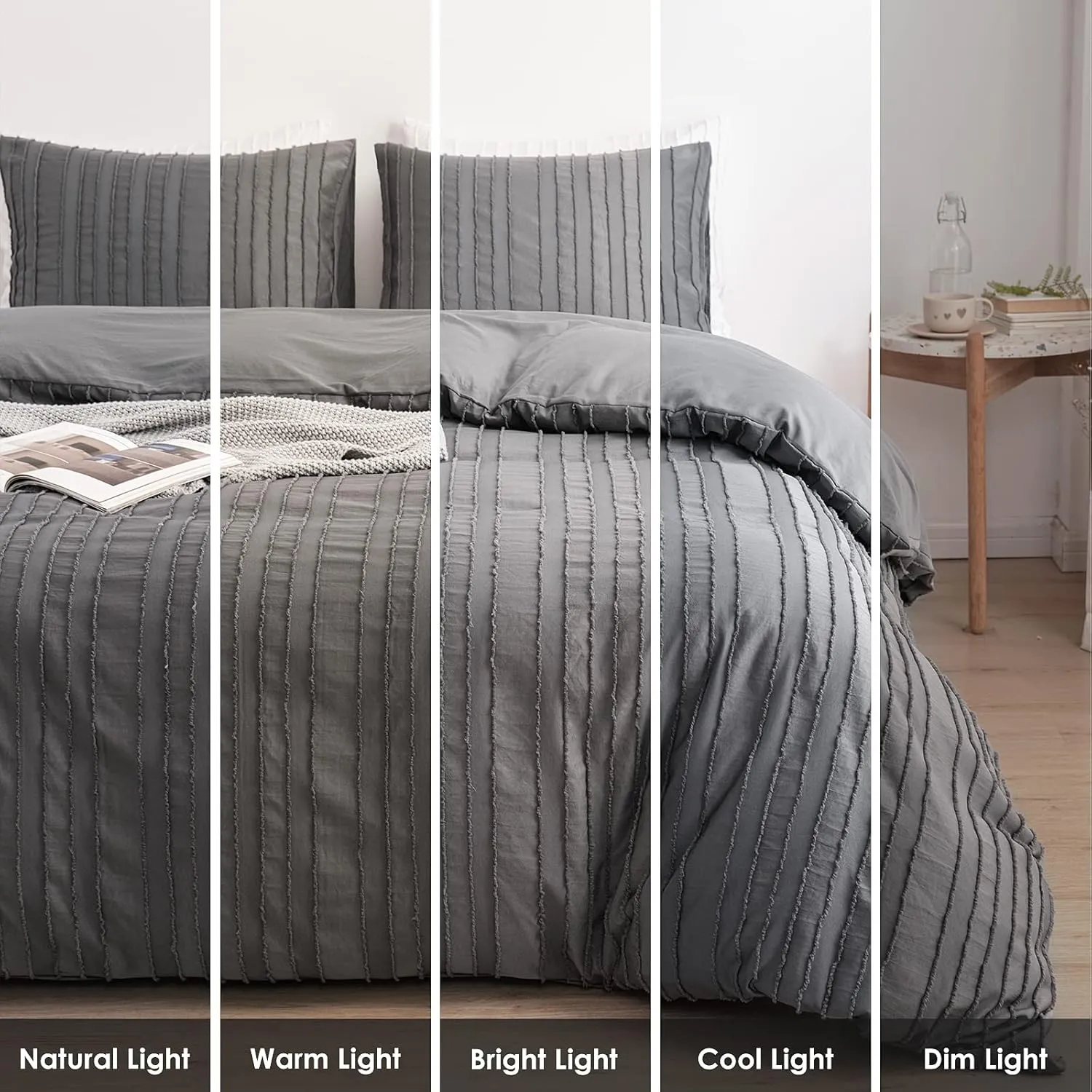 WARMDERN Gray Boho Duvet Cover Set Queen Size, Striped Textured Duvet Cover Tufted Bedding Set, 3 Pcs Ultra Soft Washed Microfiber Duvet Cover with Zipper Closure (Queen, Gray)