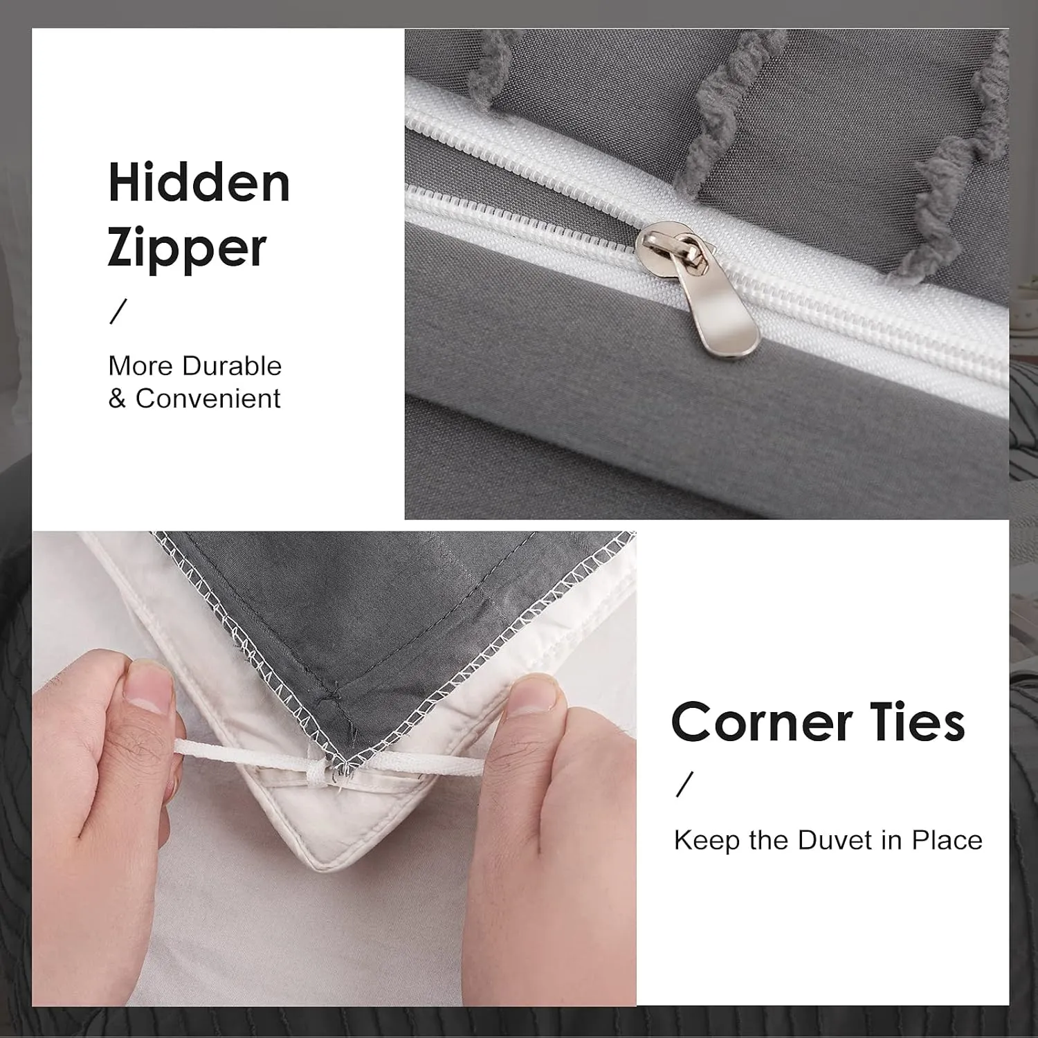 WARMDERN Gray Boho Duvet Cover Set Queen Size, Striped Textured Duvet Cover Tufted Bedding Set, 3 Pcs Ultra Soft Washed Microfiber Duvet Cover with Zipper Closure (Queen, Gray)