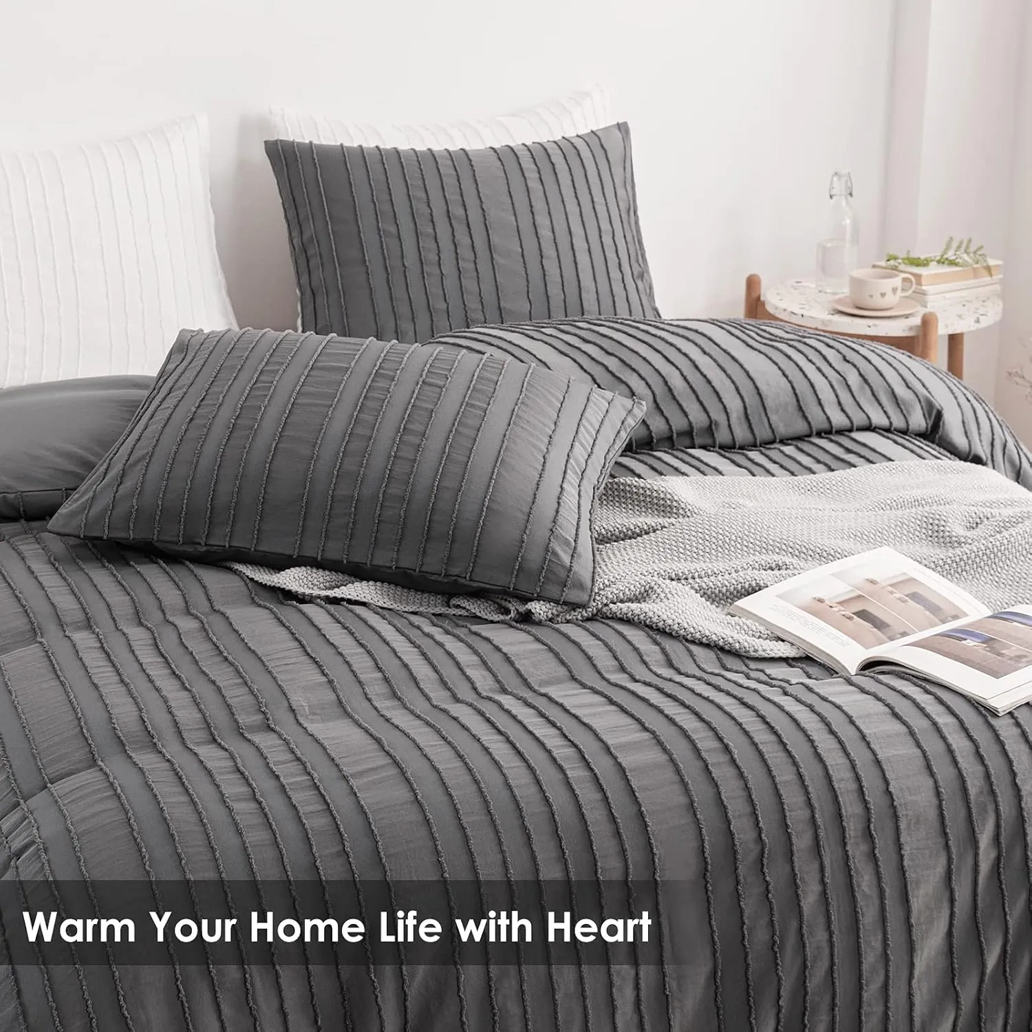 WARMDERN Gray Boho Duvet Cover Set Queen Size, Striped Textured Duvet Cover Tufted Bedding Set, 3 Pcs Ultra Soft Washed Microfiber Duvet Cover with Zipper Closure (Queen, Gray)