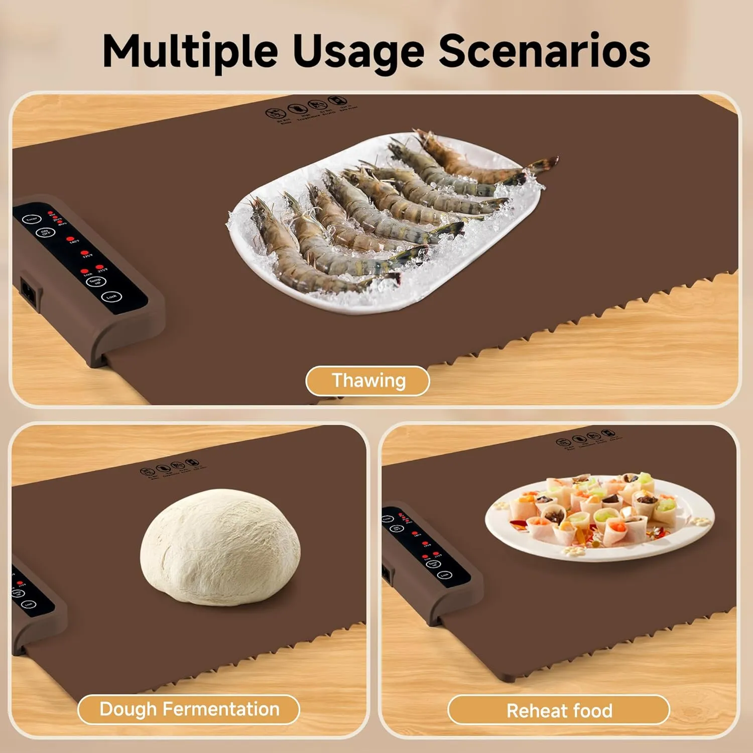 Warming Mat for Food-Electric Warming Tray with Time Moders Locking Function Adjustable Temperature Control Foldable Silicone Heating Tray for Parties, Restaurants, Buffet Brown