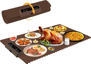 Warming Mat for Food-Electric Warming Tray with Time Moders Locking Function Adjustable Temperature Control Foldable Silicone Heating Tray for Parties, Restaurants, Buffet Brown
