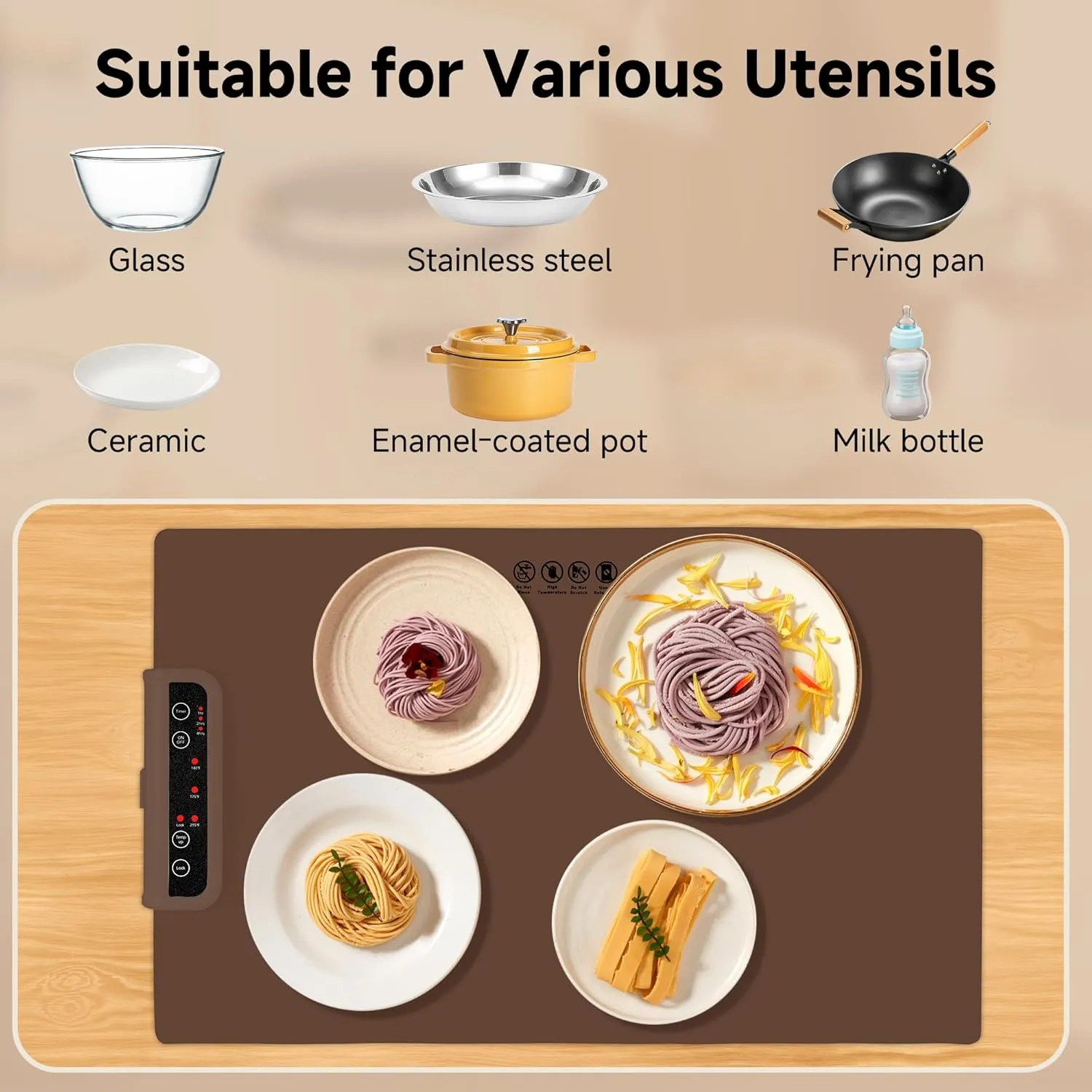 Warming Mat for Food-Electric Warming Tray with Time Moders Locking Function Adjustable Temperature Control Foldable Silicone Heating Tray for Parties, Restaurants, Buffet Brown