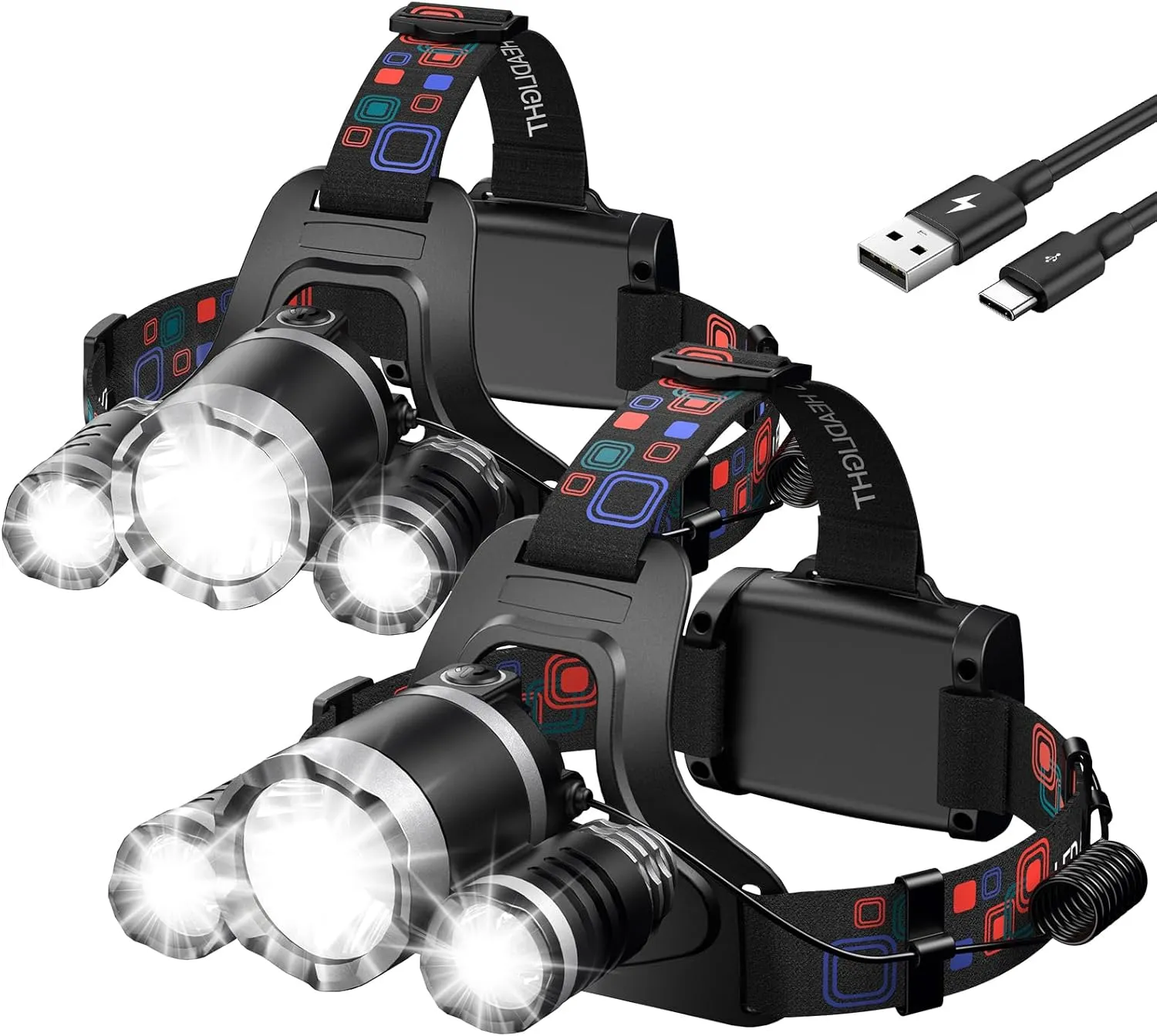 WdtPro Headlamp Rechargeable High Lumes, 2 Pack Bright Flashlight, Lightweight Headlight with 3 Powered LED, Waterproof 90°Adjustable 4 2 Modes & Tail Lights Head Lamp for Camping Outdoor Runiing