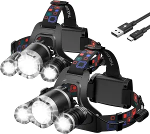 WdtPro Headlamp Rechargeable High Lumes, 2 Pack Bright Flashlight, Lightweight Headlight with 3 Powered LED, Waterproof 90°Adjustable 4 2 Modes & Tail Lights Head Lamp for Camping Outdoor Runiing