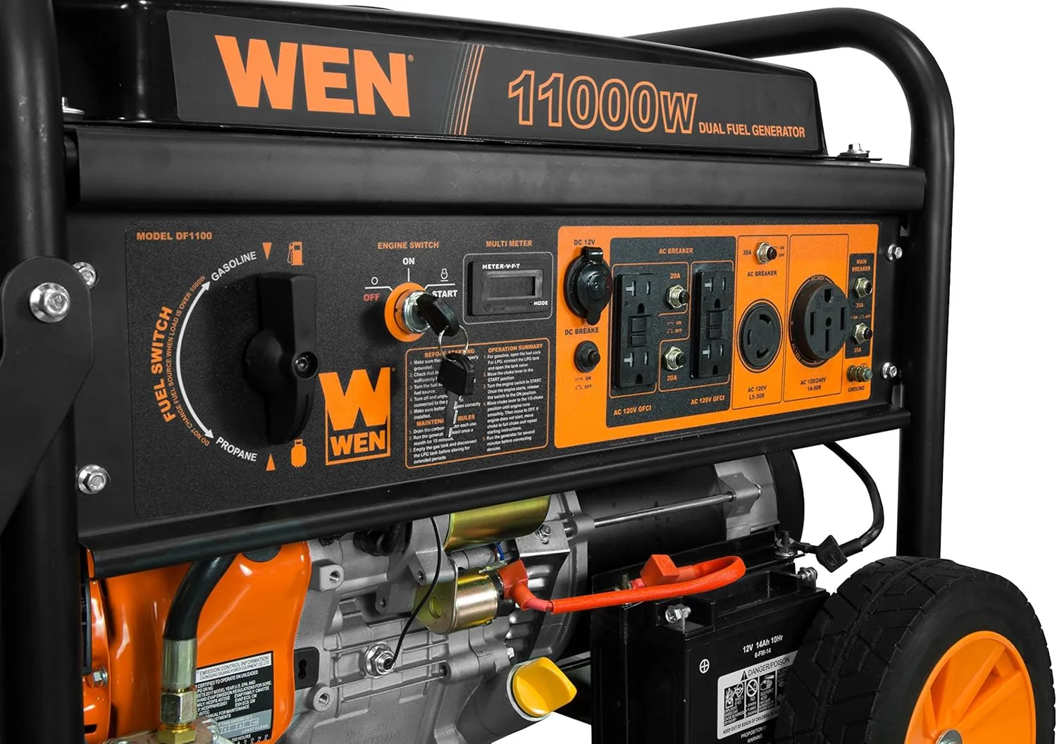 WEN 11,000-Watt 120V/240V Dual Fuel Portable Generator with Wheel Kit and Electric Start (DF1100T)