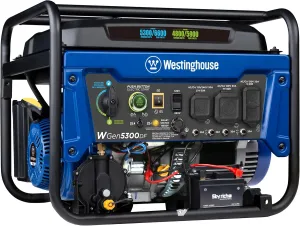 Westinghouse WGen5300DF Dual Fuel Home Backup Portable Generator, 6600 Watts, Remote Electric Start with Auto Choke, Transfer Switch Ready, RV Ready