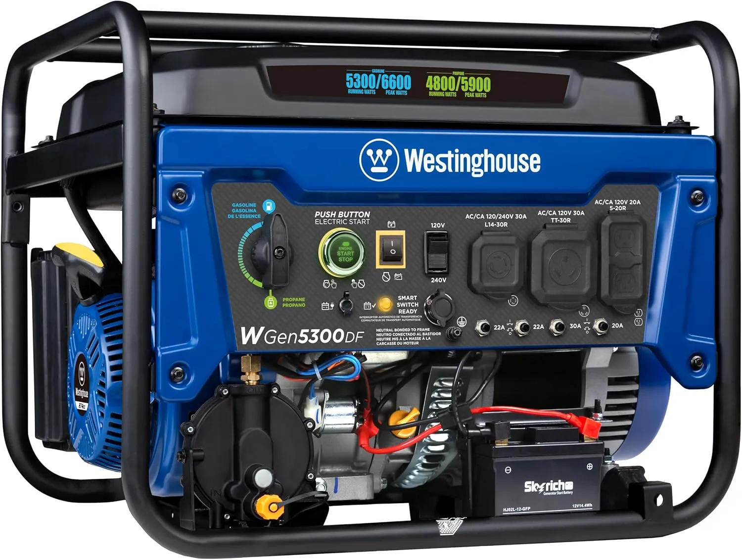 Westinghouse WGen5300DF Dual Fuel Home Backup Portable Generator, 6600 Watts, Remote Electric Start with Auto Choke, Transfer Switch Ready, RV Ready