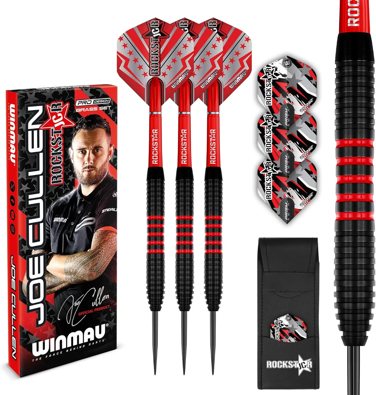Winmau Darts Joe Cullen Rockstar 20g Brass Darts Set with Dart Flights and Dart Shafts (Stems) Including Checkout Card