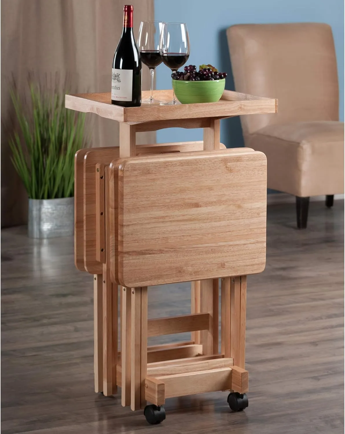 Winsome Isabelle Snack Table Set with Mobile Stand, for Living Room, Patio, Natural, Set of 4 Tables