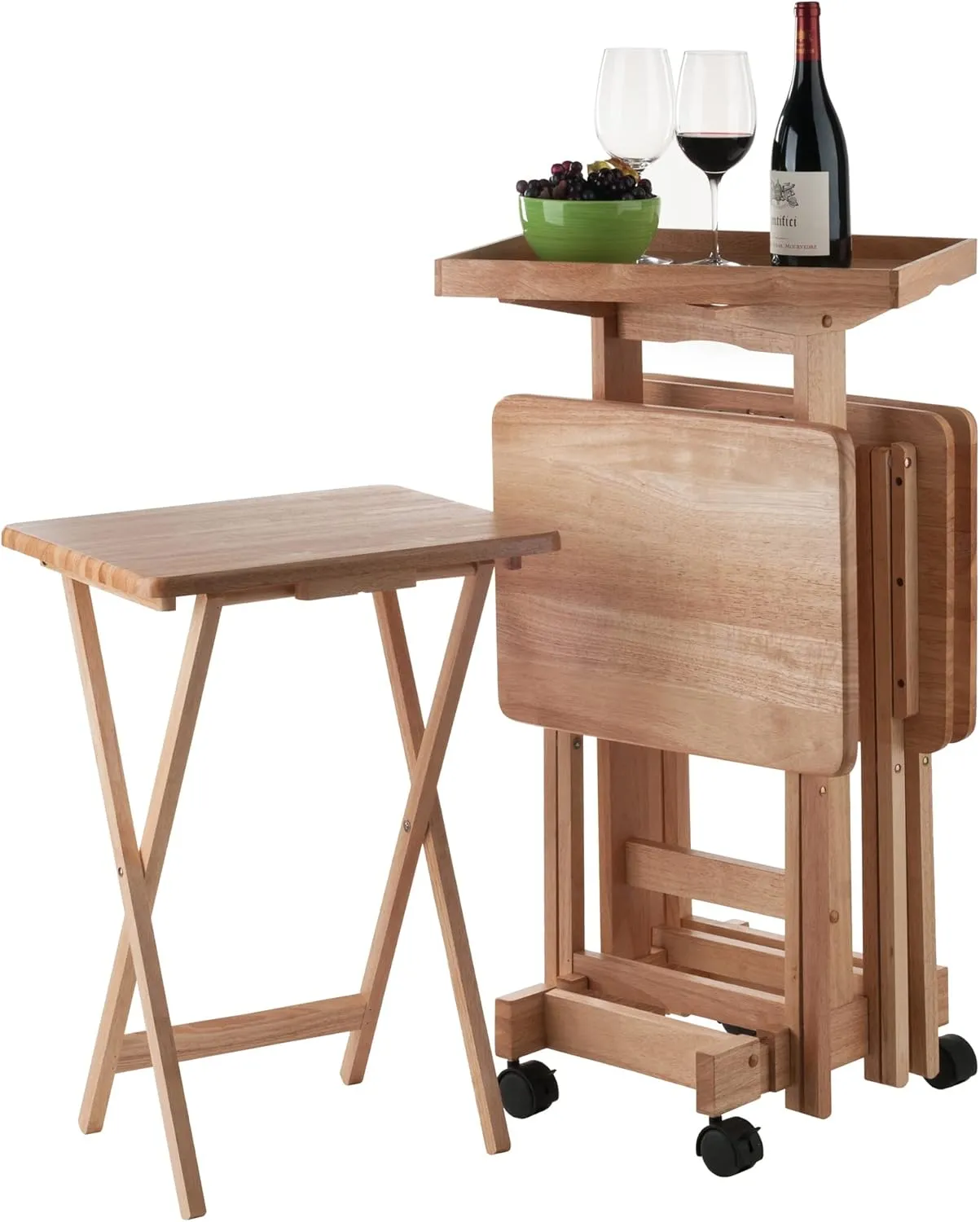 Winsome Isabelle Snack Table Set with Mobile Stand, for Living Room, Patio, Natural, Set of 4 Tables