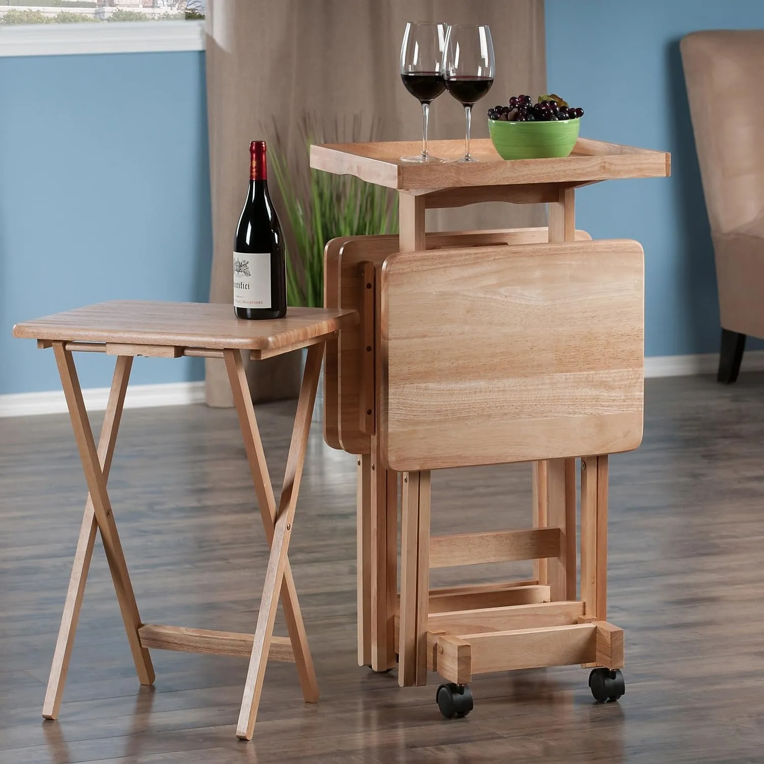 Winsome Isabelle Snack Table Set with Mobile Stand, for Living Room, Patio, Natural, Set of 4 Tables